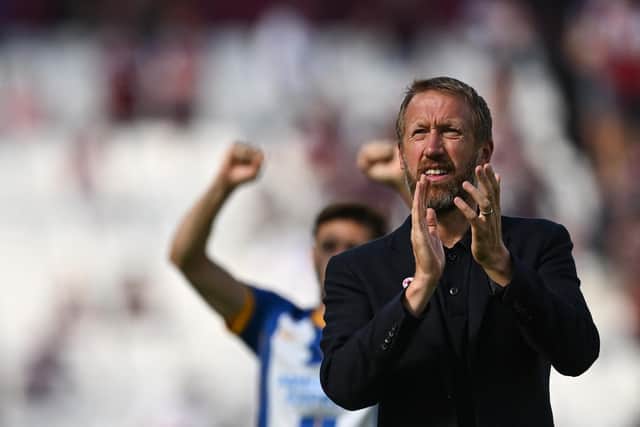 Brighton's English manager Graham Potter celebrates at the end of the English Premier League football match between West Ham United and Brighton at the London Stadium, in London, on August 21, 2022.
