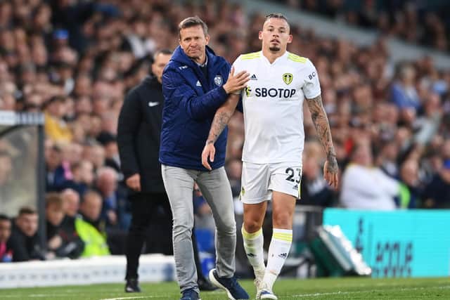 LEEDS, ENGLAND - MAY 11: Jesse Marsch, Manager of Leeds United motivates Kalvin Phillips of Leeds United during the Premier League match between Leeds United and Chelsea at Elland Road on May 11, 2022 in Leeds, England. (Photo by Stu Forster/Getty Images)