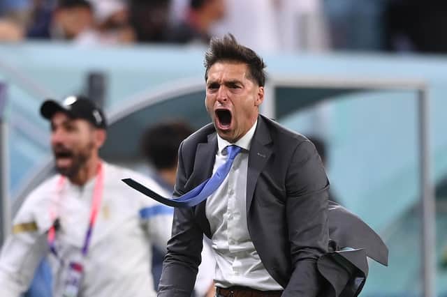 AL WAKRAH, QATAR - DECEMBER 02: Diego Alonso, Head Coach of Uruguay, celebrates the second goal during the FIFA World Cup Qatar 2022 Group H match between Ghana and Uruguay at Al Janoub Stadium on December 02, 2022 in Al Wakrah, Qatar. (Photo by Stu Forster/Getty Images)
