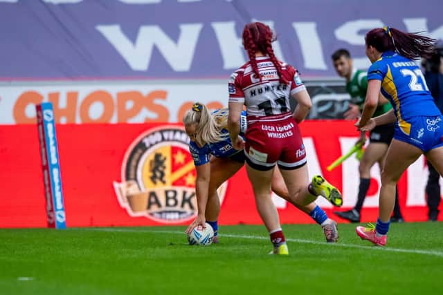 Amy Hardcastle scores for Leeds Rhinos in their win at Wigan Warriors. Picture by Allan McKenzie/SWpix.com.