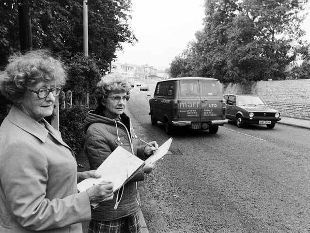 Traffic congestion in Calverley was a cause for concern for local residents in September 1980. Pictured counting the traffic are, from left, Judith Murray, secretary of the Calverley Residents Action Group and Margaret Angus.