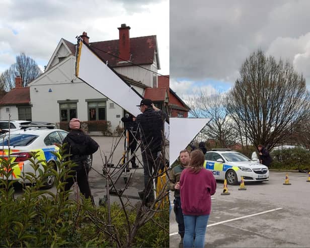 Pictures show filming taking place in Deer Park pub and restaurant, Roundhay, with a police car forming part of the set