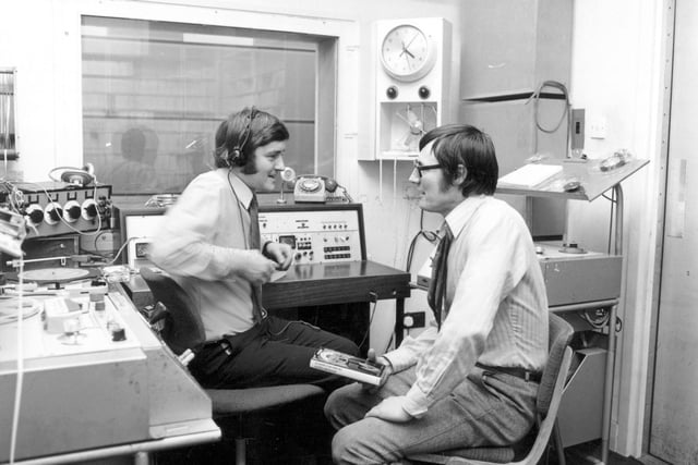Studio 2 at Radio Leeds which at the time of this photo in February 1971 was operating from the Merrion Centre. The interviewer, left, is Chris Hawksworth. Also seen in the studio is the writer Harry Patterson, more commonly known as Jack Higgins.