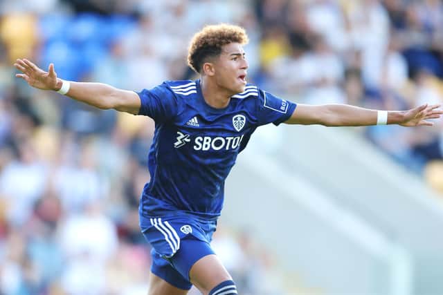 YORK, ENGLAND - JULY 07: Mateo Joseph of Leeds United celebrates after scoring their side's fourth goal during the Pre-Season Friendly between Leeds United and Blackpool at LNER Community Stadium on July 07, 2022 in York, England. (Photo by George Wood/Getty Images)