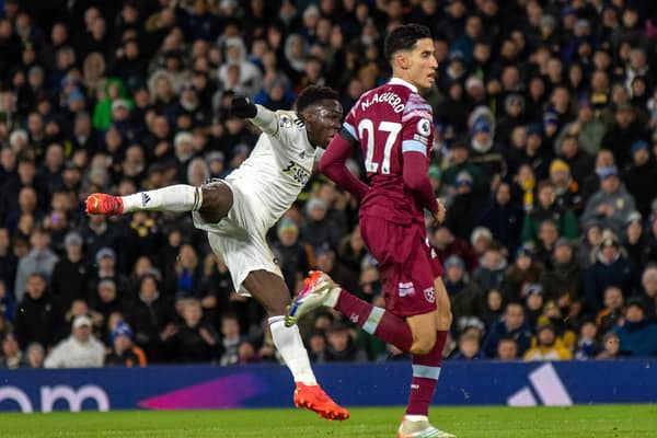 Willy Gnonto fires Leeds in front.Leeds United v West Ham United.  Premier League.  Elland Road Stadium.4th January 2023.  Picture Bruce Rollinson