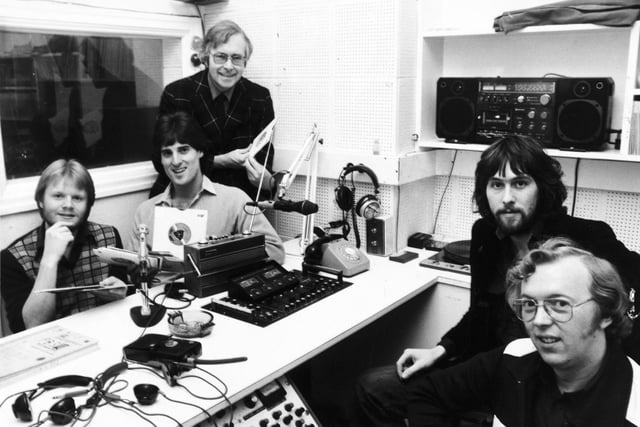 Radio PBS, Leeds General Infirmary's Hospital broadcasting service was back on the air in November 1980 after an eight month silence. Pictutred are programme presenters, from left, Paul Cargill, Steve Hirst, Trevor Griffiths, Martin Croft and Alan Dee.