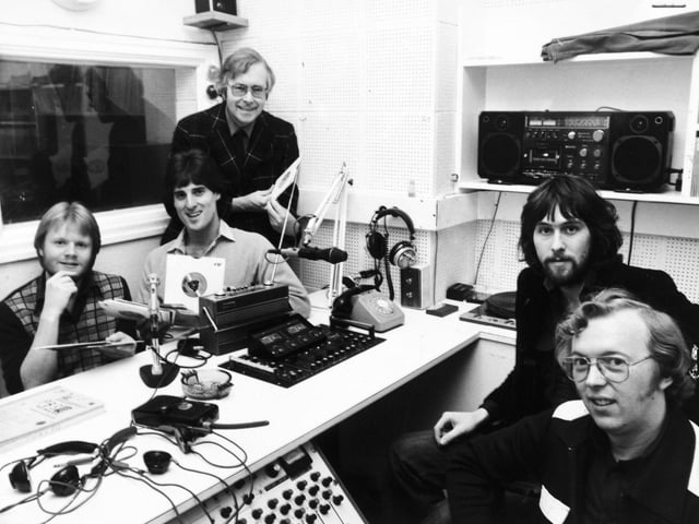 Radio PBS, Leeds General Infirmary's Hospital broadcasting service was back on the air in November 1980 after an eight month silence. Pictutred are programme presenters, from left, Paul Cargill, Steve Hirst, Trevor Griffiths, Martin Croft and Alan Dee.