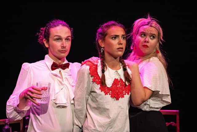 From left, Matthew Dangerfield, Maisie Stalham and Siobhan Ward star in Leeds play 'All is Pink in West Berkshire County', which is headed to the Edinburgh Fringe Festival. Photo: Isaac Morton.