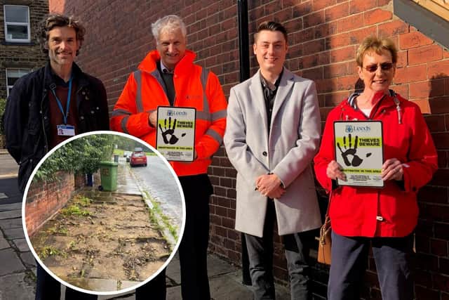 Councillors’ Ritchie, Hinchcliffe and Gruen welcoming the new SmartWater deterrent in Bramley following an increase in thefts. Photo: Leeds City Council