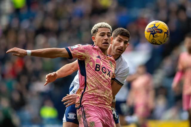 STRONG: Young Leeds United forward Mateo Joseph off the bench as he holds off Ched Evans in Boxing Day's 2-1 defeat against Championship hosts Preston North End at Deepdale. Picture by Bruce Rollinson.
