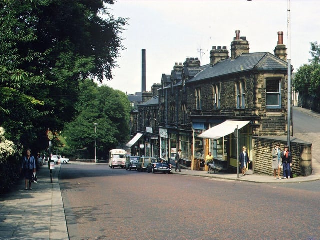 Scatcherd Hill from Coffin Corner in August 1967, giving a similar view to 60 years earlier when the wall of Morley House stretched all down the left hand side pavement. The picture was taken at a time when the parade of shops on the right still catered for traditional Morley goods.