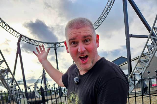 Joe Marshall, 39, has been running a successful YouTube channel – Theme Park Insanity – since July 2019 and has ridden hundreds of roller coasters across the globe.