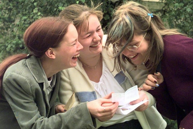 Garforth Community College students celebrate in August 1999. Pictured, from left, are Melanie Maddison, Hannah Roberts and Samantha Kell.