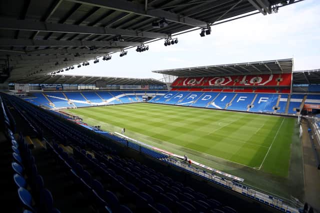 CARDIFF, WALES - JUNE 04: A General view of Cardiff City Stadium being prepared for the Wales V Ukraine word cup eliminator at The Cardiff City Stadium, on June 04, 2022 in Cardiff, Wales. (Photo by Huw Fairclough/Getty Images)