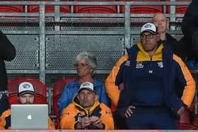 Coach Rohan Smith, centre, seen at the end of Leeds Rhinos' 40-10 defeat at St Helens. Picture by Olly Hassell/SWpix.com.