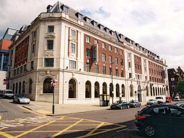 View from Cookridge Street of the Radisson SAS International Hotel, located in the 1930 built Leeds Permanent Building Society building. The White Portland stone and red brick hotel houses 147 bedrooms. It is part of a large development combining old and new buildings for retail and leisure which opens in 2001 as The Light.