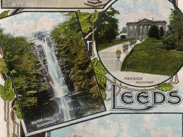 A multi-view postcard of Leeds with a post date of August 17, 1907, showing views of the Town Hall, the Waterfall and Mansion at Roundhay Park, and City Square.