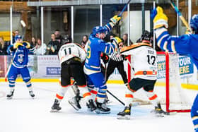 GAME-WINNER: Finn Bradon celebrates putting Leeds Knights 3-1 ahead against Telford Tigers on Saturday night. Picture: Kev Bland/Knights Media.