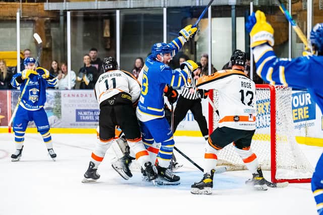 GAME-WINNER: Finn Bradon celebrates putting Leeds Knights 3-1 ahead against Telford Tigers on Saturday night. Picture: Kev Bland/Knights Media.