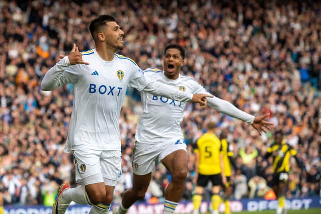 BREAKTHROUGH: Joel Piroe. left, celebrates putting Leeds United ahead against Watford with Georginio Rutter, right. Picture by Bruce Rollinson.
