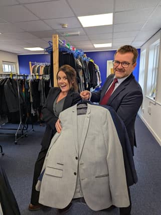 (L-R) Faye Mellors, CEO The Suit Works, and Matthew Wells, partner, Evelyn Partners.