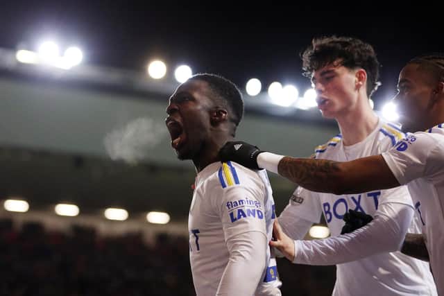 BIG GOAL: Leeds United attacker Willy Gnonto celebrates his matchwinner in Friday night's Championship clash at Bristol City. Photo by Ryan Hiscott/Getty Images)