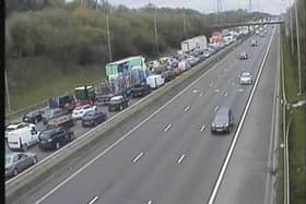All traffic has been stopped on the M62 westbound due to a vehicle fire