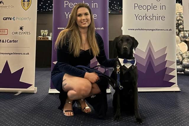Trainer Sophie Bambrook with trainee support dog Mason at the Yorkshire Young Achievers Awards