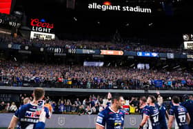 Leeds Rhinos players celebrate with their fans following the win against Hull KR at Allegiant Stadium in Las Vegas three months ago. Picture by Alex Whitehead/SWpix.com.