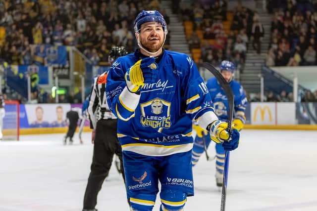 WINNING FEELING: Liam Peyton celebrates one of his two goals for Leeds Knights in Sunday's NIHL National play-off final win over Hull Seahawks. Picture: Miles Tidman/Knights Media.