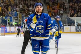 WINNING FEELING: Liam Peyton celebrates one of his two goals for Leeds Knights in Sunday's NIHL National play-off final win over Hull Seahawks. Picture: Miles Tidman/Knights Media.