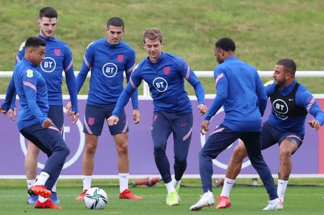 England's striker Patrick Bamford (C) and teammates attend an England training session at St George's Park in Burton-on-Trent, central England, on September 1, 2021 ahead of of their FIFA World Cup 2022 qualifying matches against Hungary, Andorra and Poland. - NOT FOR MARKETING OR ADVERTISING USE / RESTRICTED TO EDITORIAL USE (Photo by Adrian DENNIS / AFP) / NOT FOR MARKETING OR ADVERTISING USE / RESTRICTED TO EDITORIAL USE (Photo by ADRIAN DENNIS/AFP via Getty Images)