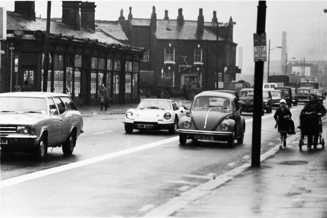 A view down Kirkstall Road in March 1975.