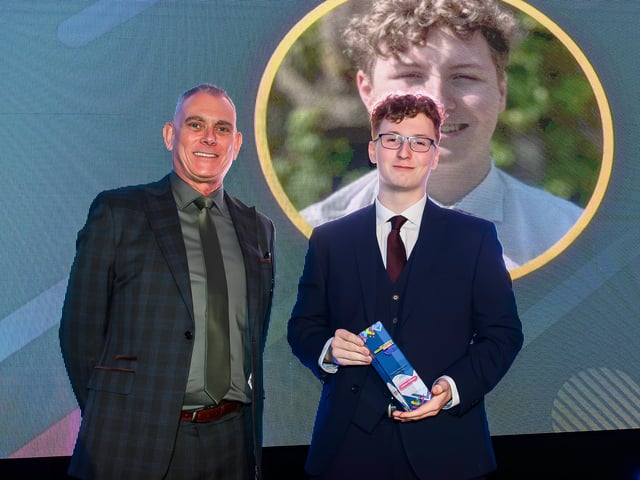 Degree Apprentice of the Year winner Callum Hibbert, of Yorkshire Water, and YPO's Simon Hill