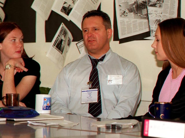 Former convict Frank Cook visited Garforth Community College in July 1996 to talk to a group of sixth form pupils. Pictured next to him are Kelly Maud, left, and Helen Holmes.