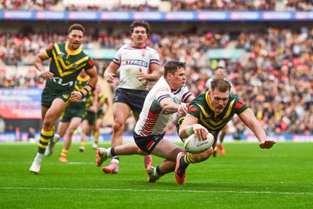 Angus Crichton scores for Australia in their Wembley win against England. Picture by Richard Blaxall/SWpix.com.