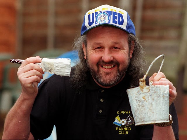 Painting the the town white. Kippax's own Leeds United superfan and painter Gary Edwards was offering a discount for the removal of red paint. Pictured in