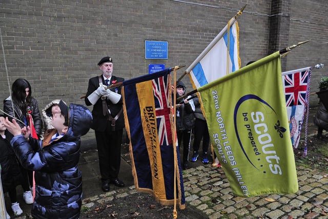 Flag bearers pictured outside the Beth Hamidrash Hagadol (BHH) synagogue in Roundhay, where the service took place