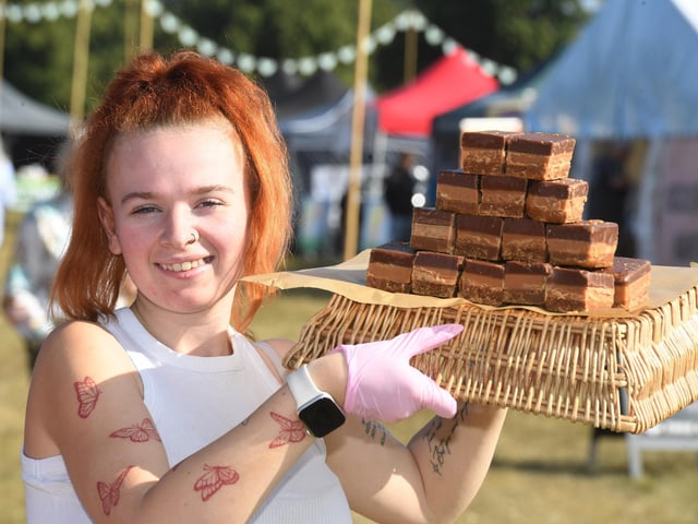 Laura Garside of Fudge That Candy Off with a basket of Millionair Fudge at Harrogate Food Festival at Ripley Castle. (Picture Gerard Binks)