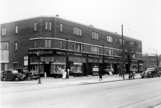 Parade of shops between Savile Road and Savile Place pictured in March 1939. To left, corner of Forum cinema, Muriel Davis sweets, Jack Freeman chemist, Issac Hyman hairdresser, Charles Statman, fruit number and Ann Leader ladies wear.