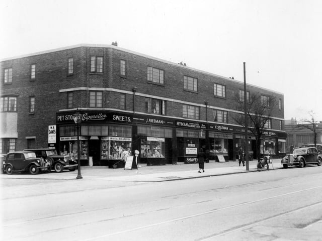 Parade of shops between Savile Road and Savile Place pictured in March 1939. To left, corner of Forum cinema, Muriel Davis sweets, Jack Freeman chemist, Issac Hyman hairdresser, Charles Statman, fruit number and Ann Leader ladies wear.