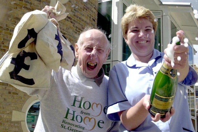 St Gemma's Hospice celebrated  reaching the £1 million stage in its Home from Home Appeal , backed by the Yorkshire Evening Post. It was now two thirds of the way to the target. Pictured is Edwin Englands, who attended the hospice one day a week, with staff nurse Alison Byrnes.