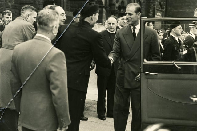 HRH The Duke of Edinburgh meeting officials of the church during a visit to Burley Methodist Church on Cardigan Lane in