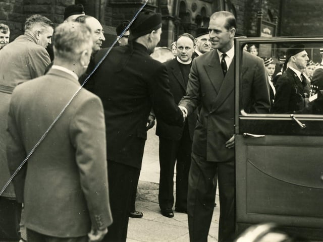 HRH The Duke of Edinburgh meeting officials of the church during a visit to Burley Methodist Church on Cardigan Lane in
