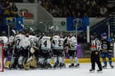 END OF THE LINE: Leeds Knights' Noah McMullin (far right) shows his disappointment as Milton Keynes Lightning's players celebrate their NIHL National play-oiff semi-final win in overtime on Saturday. Picture: Chris Callaghan/Blueline Photography.