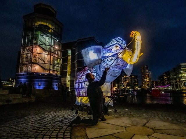 Formerly known as Clarence Dock, Leeds Dock overlooks the water and is a staple of the city centre. It's home to the Royal Armouries, stylish and towering accommodation blocks plus a host of bars and restaurants. People can even take a 'water taxi' between Leeds Dock and Leeds City Station. Pictured is Leeds Dock during Light Night.