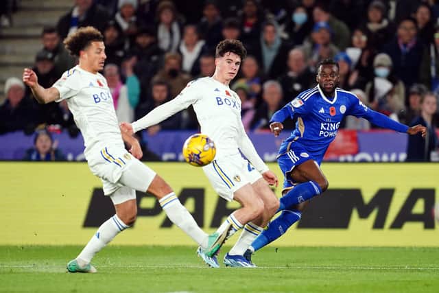 KEY BATTLE: Leicester City star Stephy Mavididi, right, against teenage Leeds United ace Archie Gray, centre, with Ethan Amadu, left, the trio pictured in November's reverse Championship fixture between the Foxes and Whites at the King Power. Photo by Nick Potts/PA Wire.