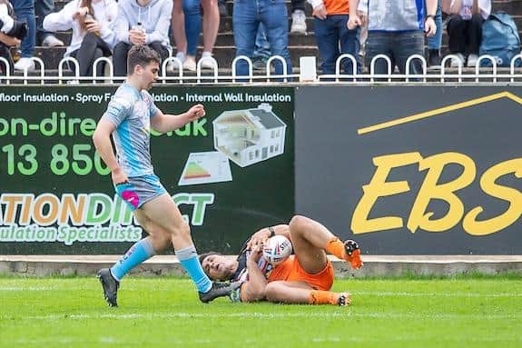 Derrell Olpherts scores for Tigers against Rhinos this season. Picture by Allan McKenzie/SWpix.com.
