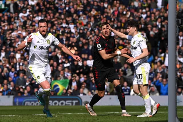 LEEDS, ENGLAND - APRIL 02: Jack Harrison of Leeds United celebrates after scoring their side's first goal during the Premier League match between Leeds United and Southampton at Elland Road on April 02, 2022 in Leeds, England. (Photo by Stu Forster/Getty Images)