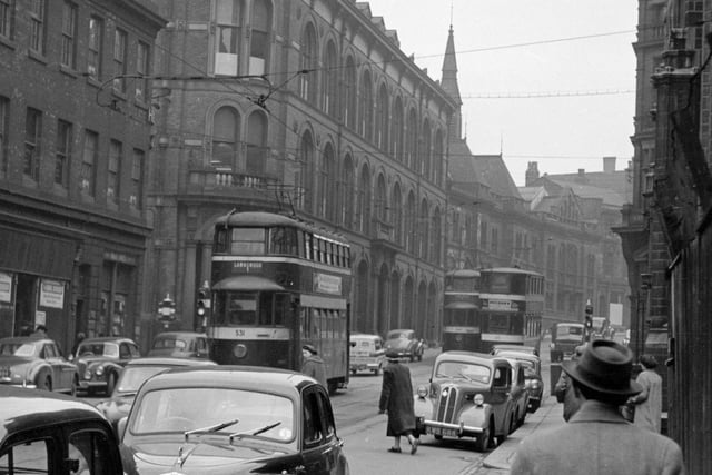 Cookridge Street looking towards junction with Great Goerge Street in March 1956. Tram no 531 on route no 1 to Lawnswood can be seen.